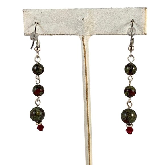 Silver Tone Pierced French Wire Green Stone & Red Crystal Earrings (N10) - Picture 2 of 3